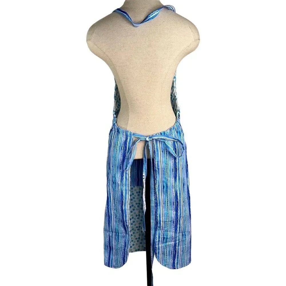 Handmade Women's Reversible Kitchen Apron Boho Floral Striped‎ One Size Pockets